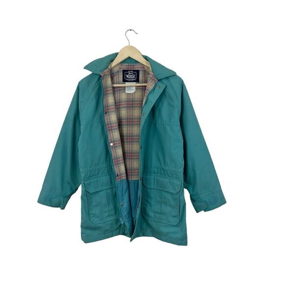 Vintage Woolrich Small Jacket Wool Plaid Lined Blue Snap USA Made Womens - Picture 1 of 16